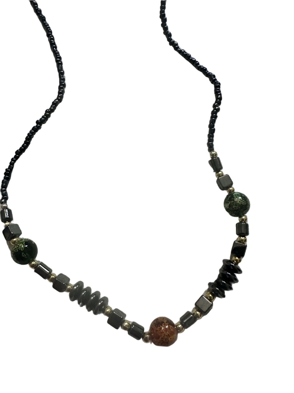 Handcrafted Black & Navy Seed Bead Hematite and Multicolor Round Stone Necklace